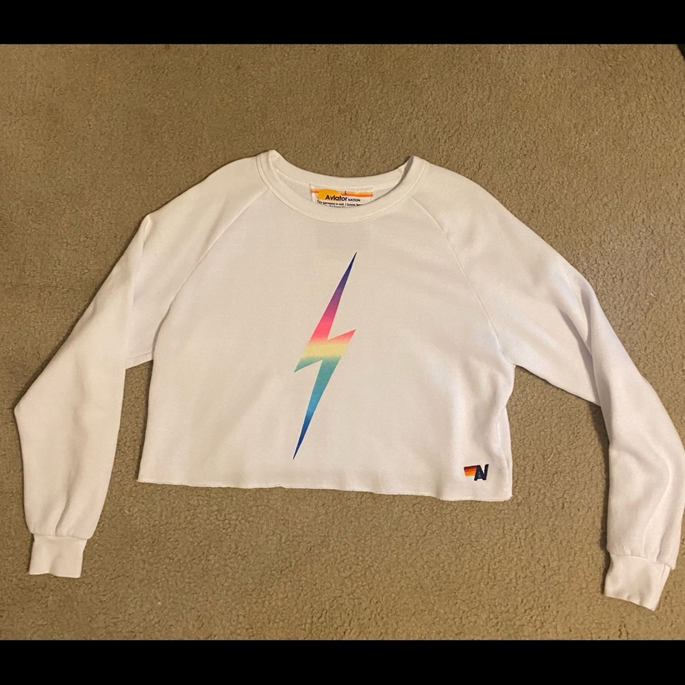 Aviator Nation Bolt Cropped Sweatshirt - White // Rainbow Pink